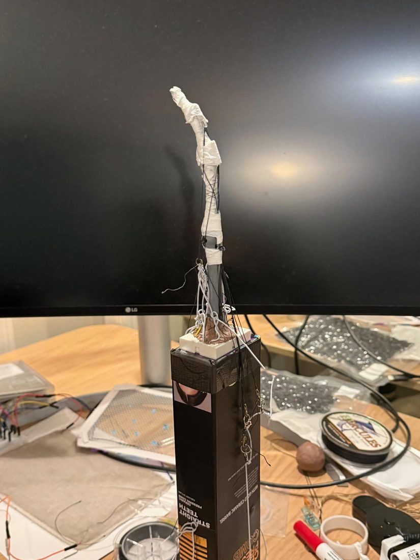 a limb standing upright on the desk, wrapped and wired